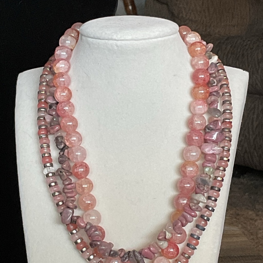 ROSE QUARTZ, TRIPLE STRAND NECKLACE